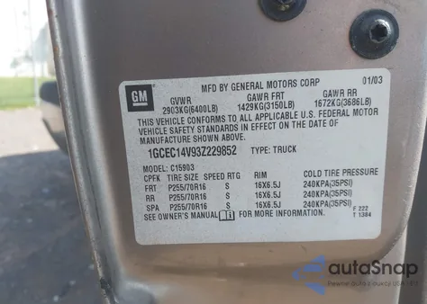 2003 Chevrolet Silverado 1500 Work Truck z USA, uszkodzony, nr VIN 1GCEC14V93Z229852